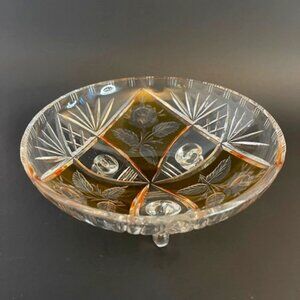 3-Footed Etched Crystal Bowl – Clear with Amber Rose & Leaf Design, 8.75" Diamet